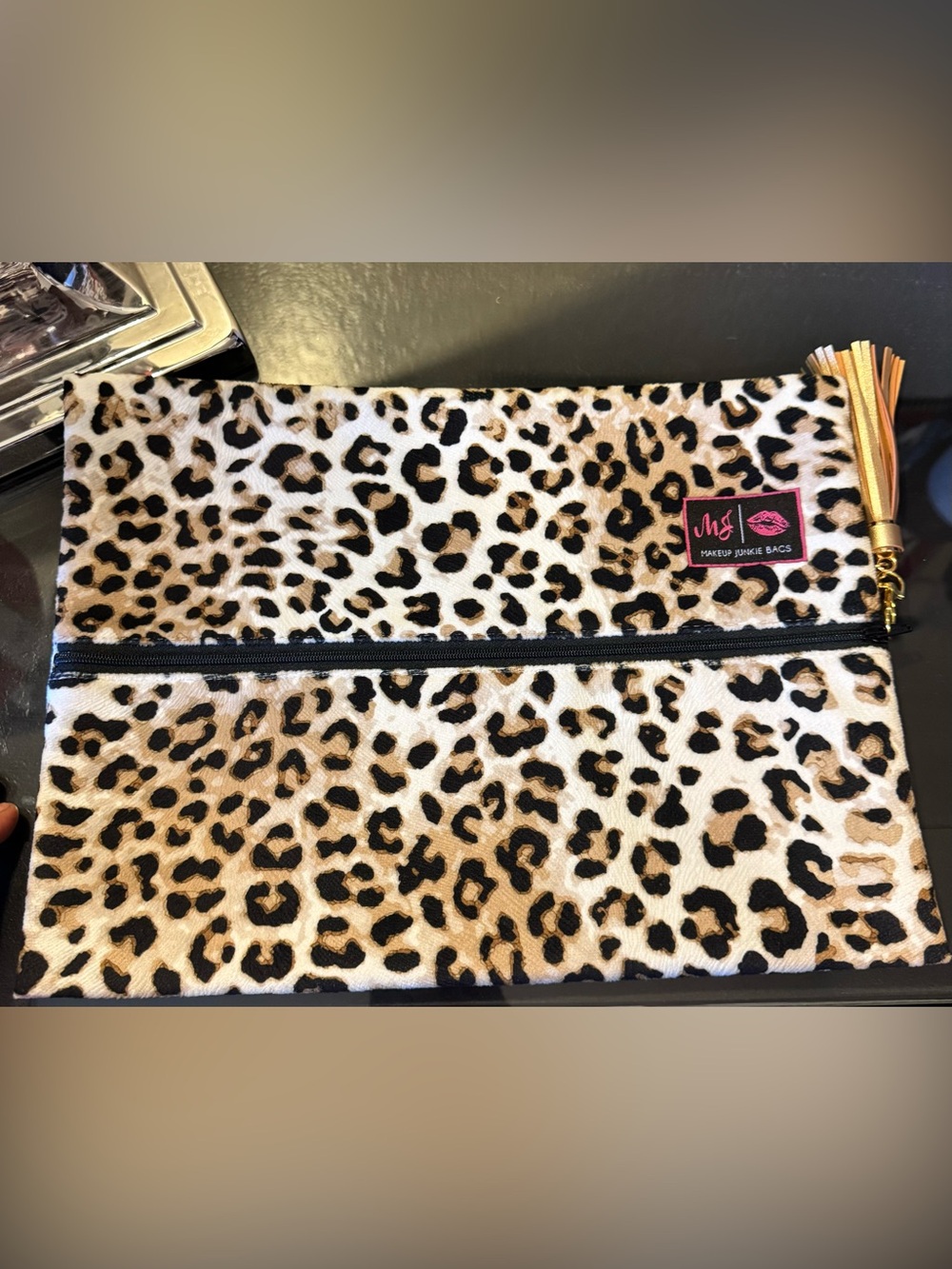 Brand new Large Makeup Junkie Leopard Print Zip Pouch with Tassel